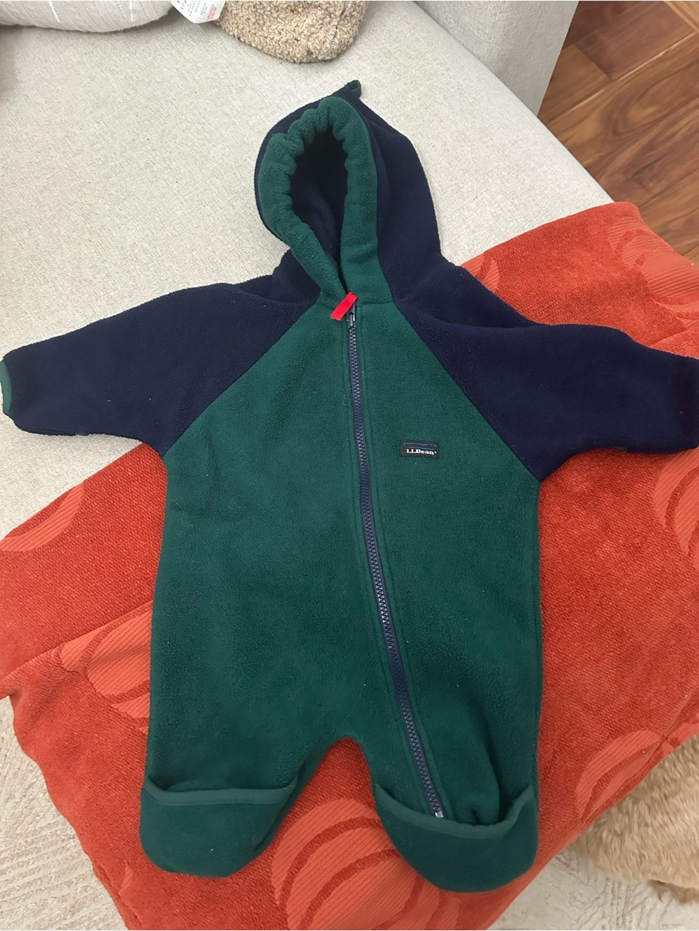 Vintage L.L. Bean Green and Navy Hooded Fleece Bunting Suit - 6 Months